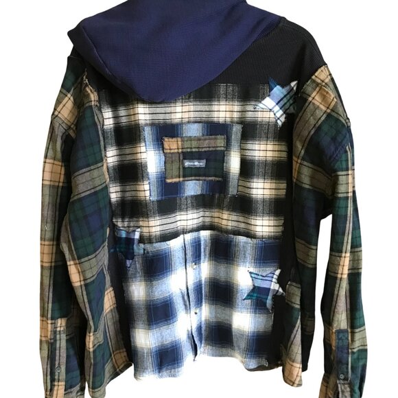 Upcycled Waffle Knit Hoodie: Plus Size XL-2X, Plaid Patches & Appliquéd Stars - Picture 3 of 13